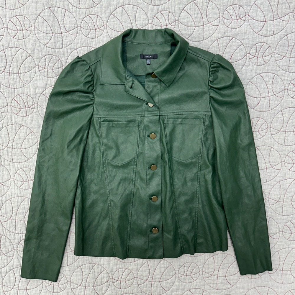 Drew Giselle Jacket Green Faux Leather Puff Sleeve Button‎ Front / Women's Small